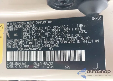 2008 Toyota Highlander Limited из США, поврежденный, VIN JTEDS42A382049083